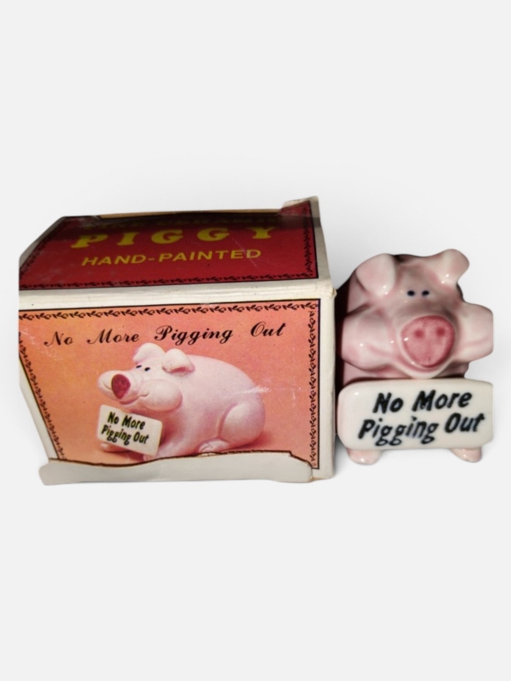 Vintage Hand Painted Pig Figuirine "No More Pigging Out" Nib